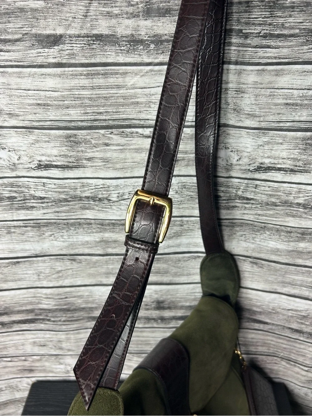Olive Green Suede Crossbody Bag with Dark Brown Trim